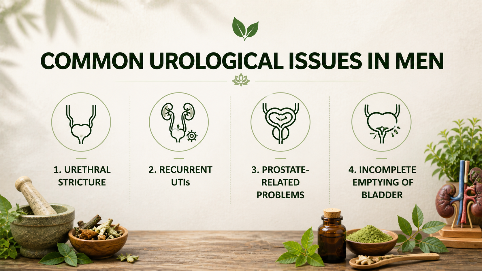 Infographic: common urological issues in men—urethral stricture, recurrent UTIs, prostate-related problems, incomplete bladder emptying—with Ayurvedic herbs and tools